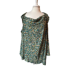 NWOT Artsy Colorful Peacock Cold shoulder Bell 3/4 Sleeve Asymmetrical Blouse 3X